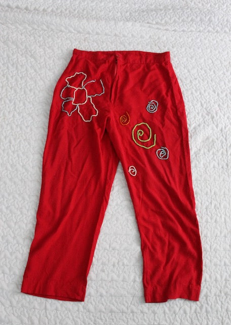 Red Pants with Hand-Beaded Details